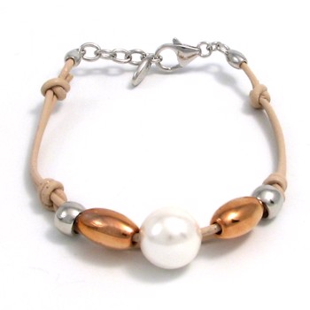 Esprit beige l�derarmb�nd med perler & r�d forgyldte s�lvkugler