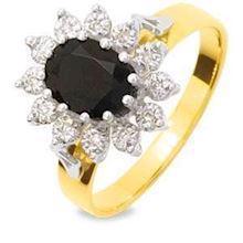 9 kt guld fingerring m/ safir & 12 diamanter